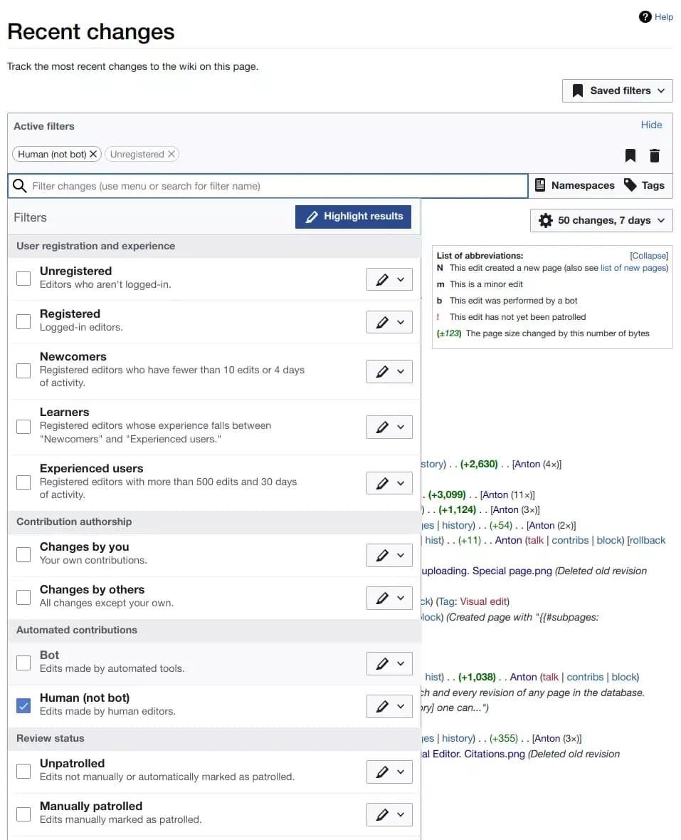 recent changes on mediawiki